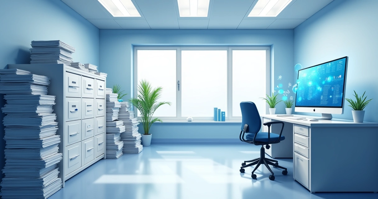 Sala de clínica com armários cheios de pastas de papel e um computador mostrando dados digitais