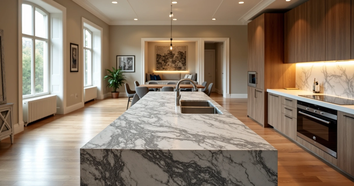 Sala de estar com bancada de granito e decoração mista 