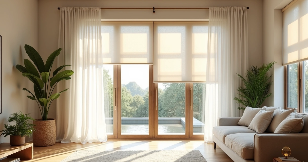 Sala moderna com cortinas sob medida e persianas claras 