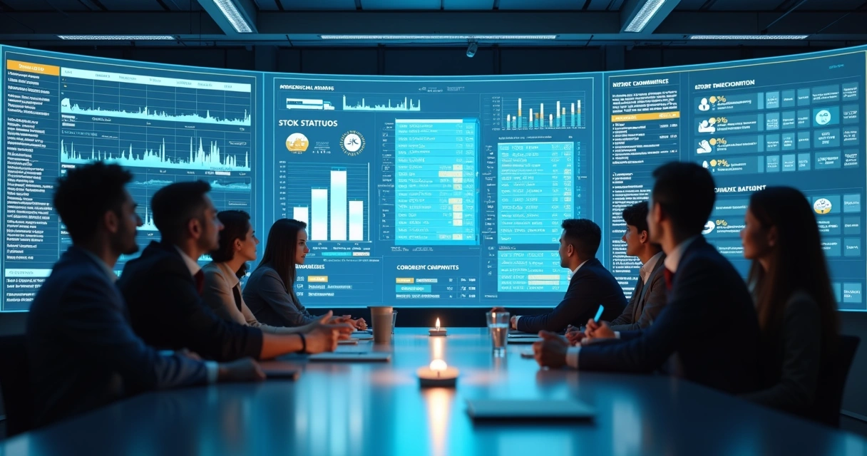 Sala de reuniões com equipe de e-commerce analisando gráfico virtual