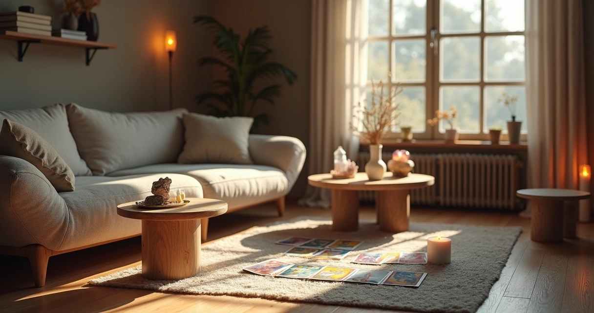 Sala decorada com cristais, incensos e cartas de tarô 