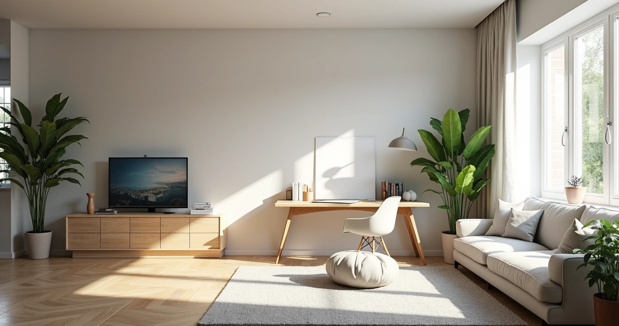 Sala com home office integrado à decoração clean 