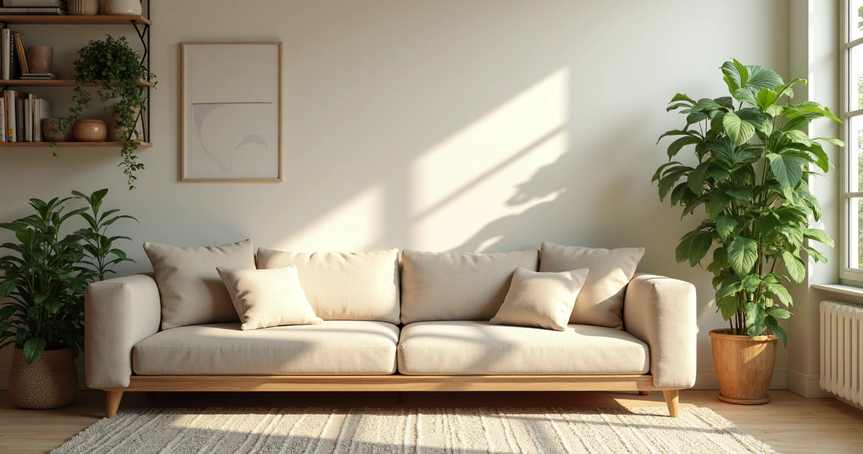 Sala aconchegante com luz suave, plantas e almofadas claras 