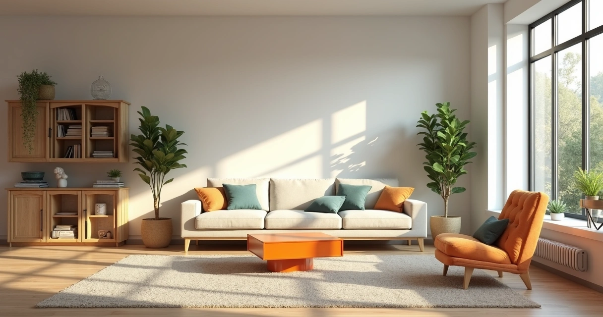 Sala de estar moderna com móveis variados para aluguel 