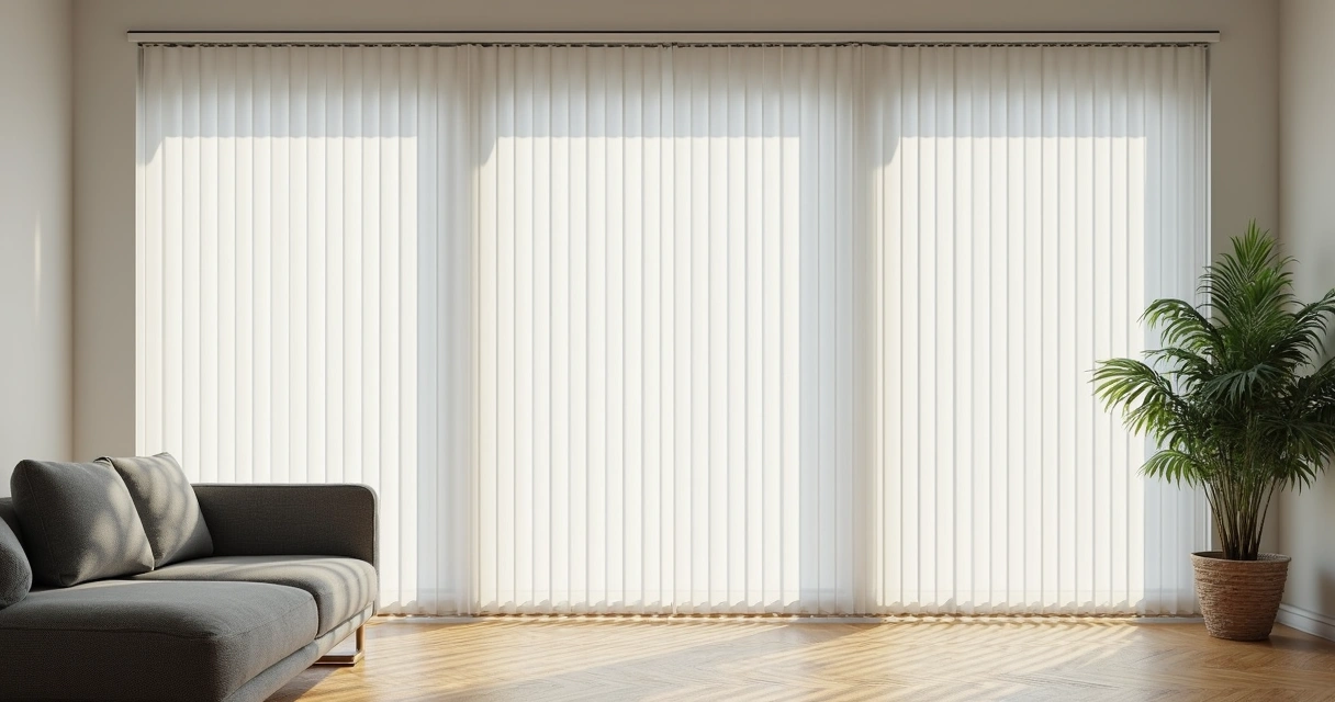 Sala de estar moderna com persiana vertical branca instalada na janela, piso de madeira e sofá cinza.