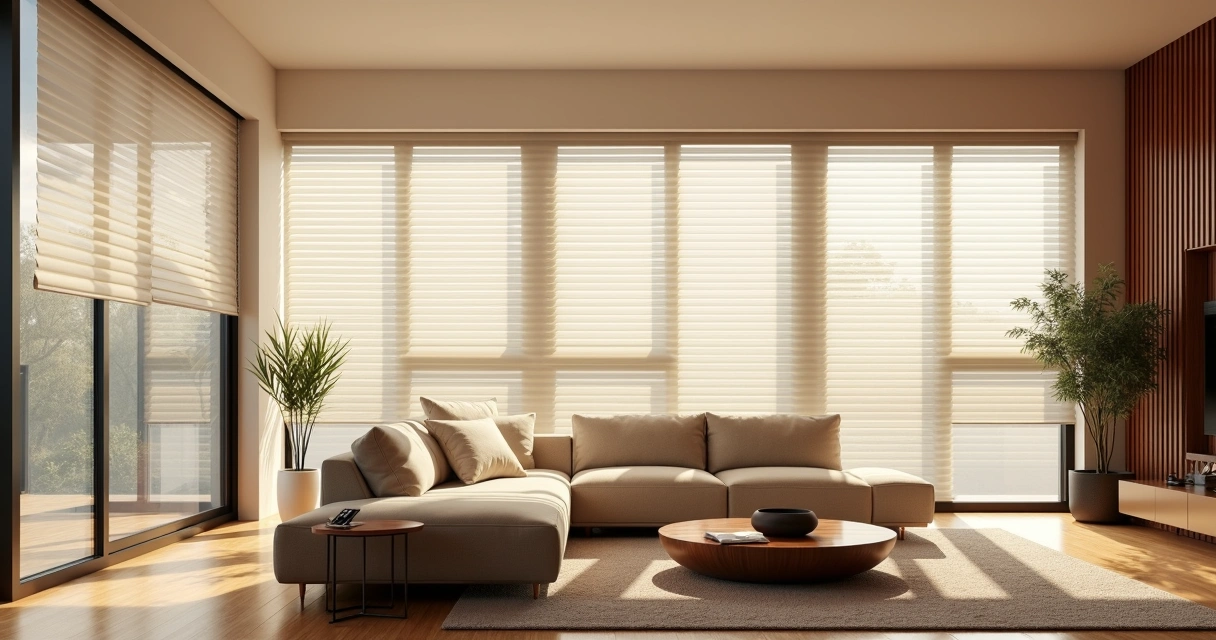 Sala de estar moderna com persianas sob medida instaladas em janelas largas, ambiente iluminado e decoração elegante 