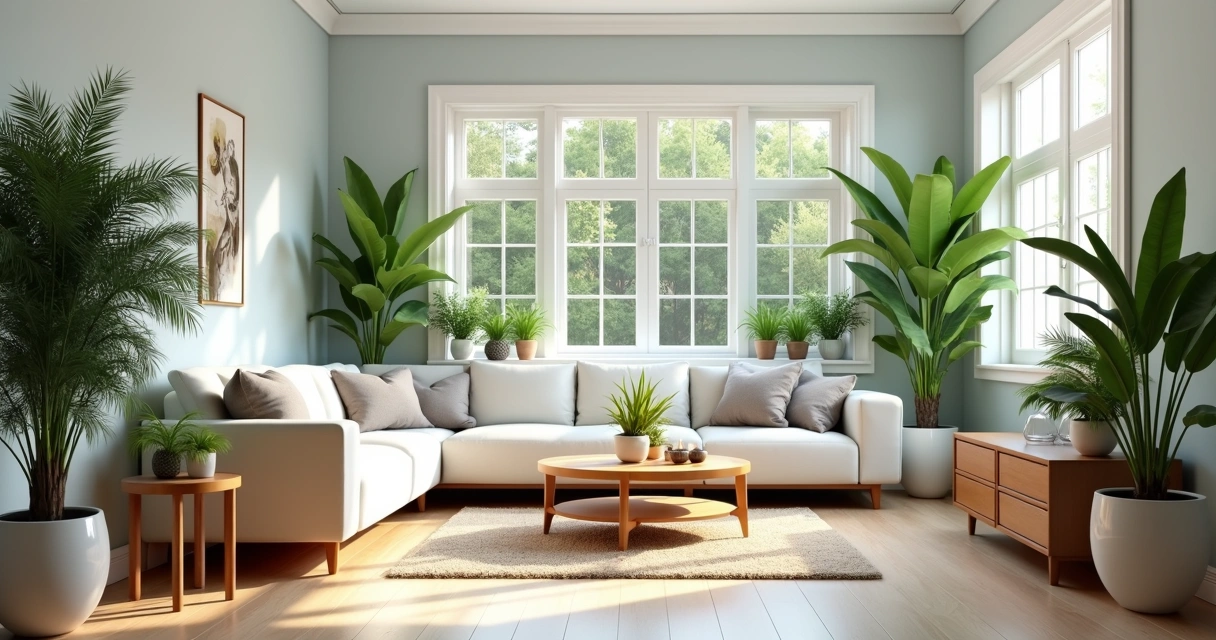 Sala de estar com plantas na decoração, luz natural passando pela janela, sofá branco, móveis de madeira clara, vasos de plantas verdes nos cantos da sala. 