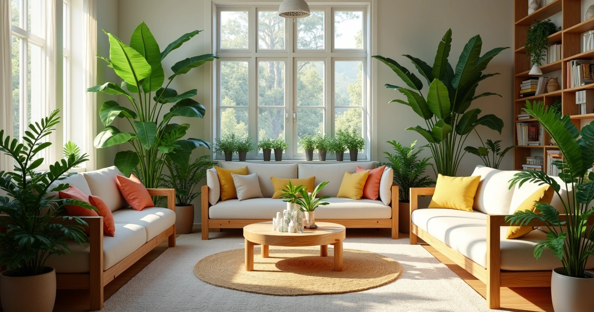 Sala iluminada com plantas e objetos coloridos