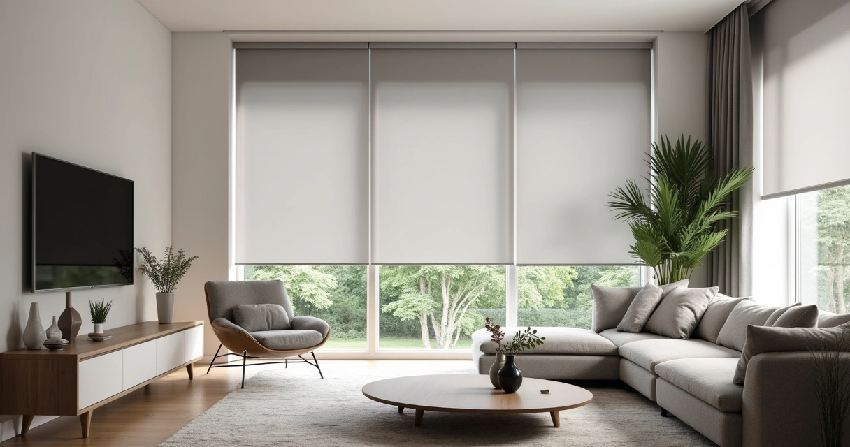 Sala de estar moderna com janela ampla e persiana tipo Rolo Box instalada