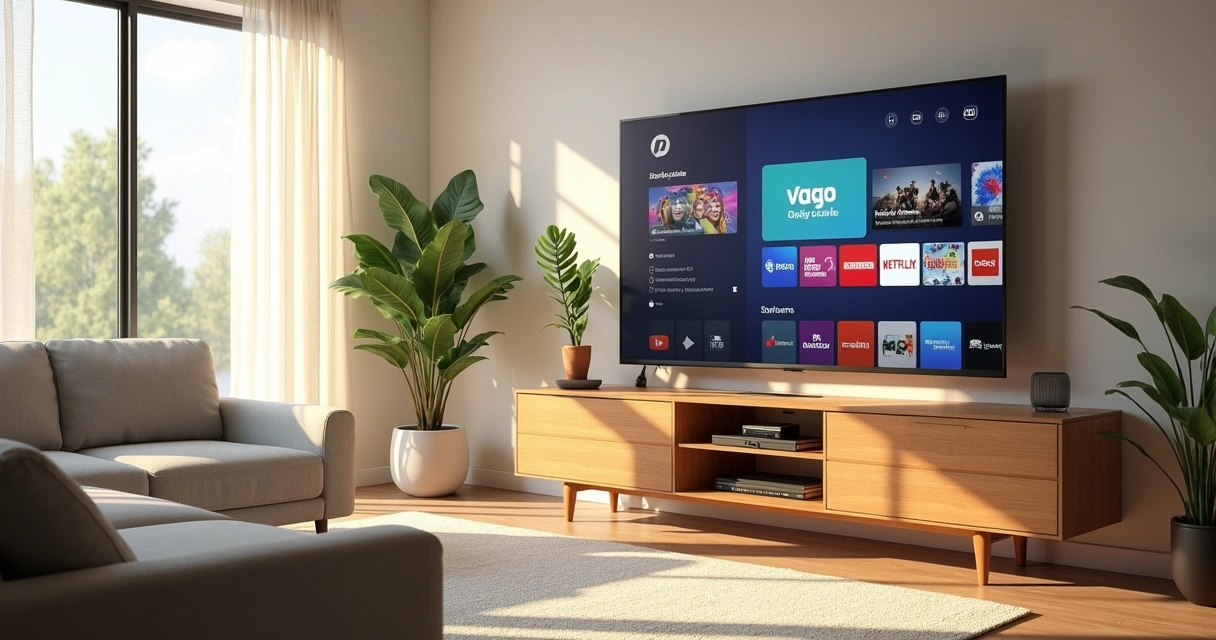 Sala de estar moderna com smart TV grande em móvel de madeira