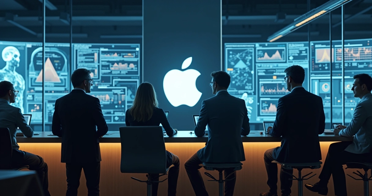 Equipe de tecnologia reunida em sala de comando da Apple, lideranças discutindo IA e design 