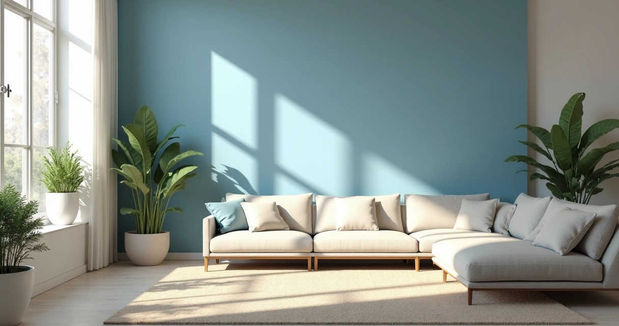 Sala moderna mostrando as cores das paredes mudando conforme a iluminação 