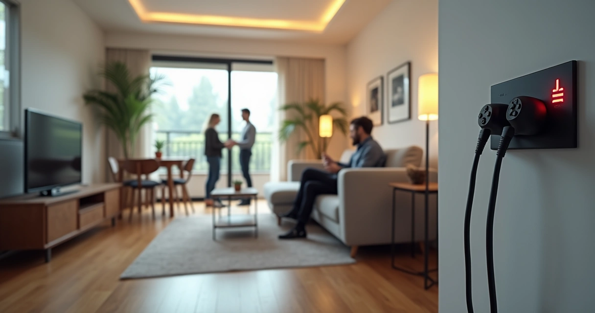 Sala de estar compartilhada com aparelhos eletrônicos plugados em régua de energia 