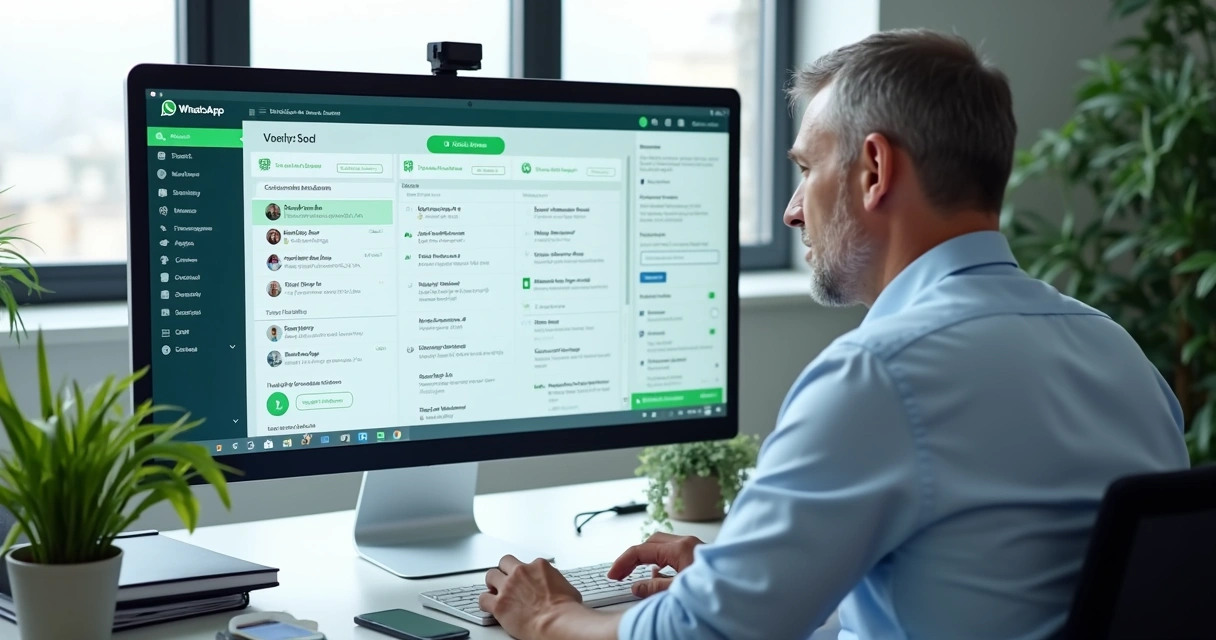 Síndico gerenciando atendimentos de condomínios em computador com WhatsApp integrado na tela 