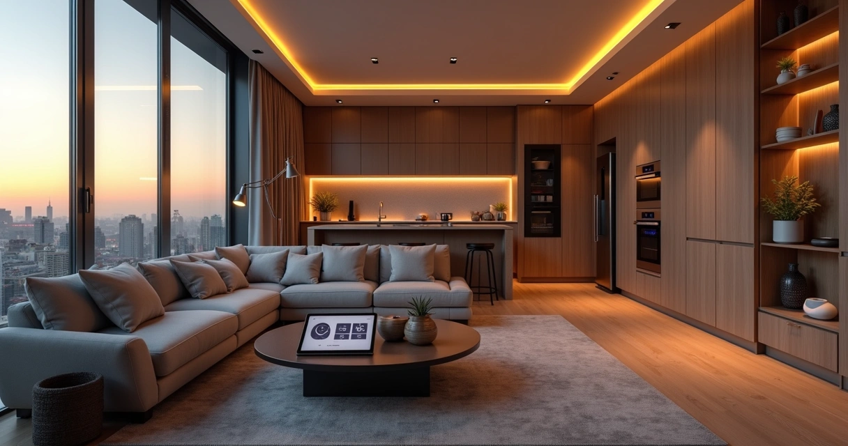 Sala de estar moderna com automação residencial integrada em diversos dispositivos 