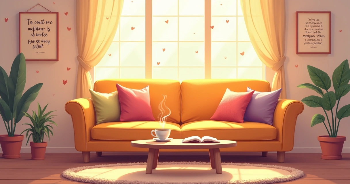 Ilustração de uma sala aconchegante com quotes na parede, xícara de chá, e luz suave, simbolizando conexão.