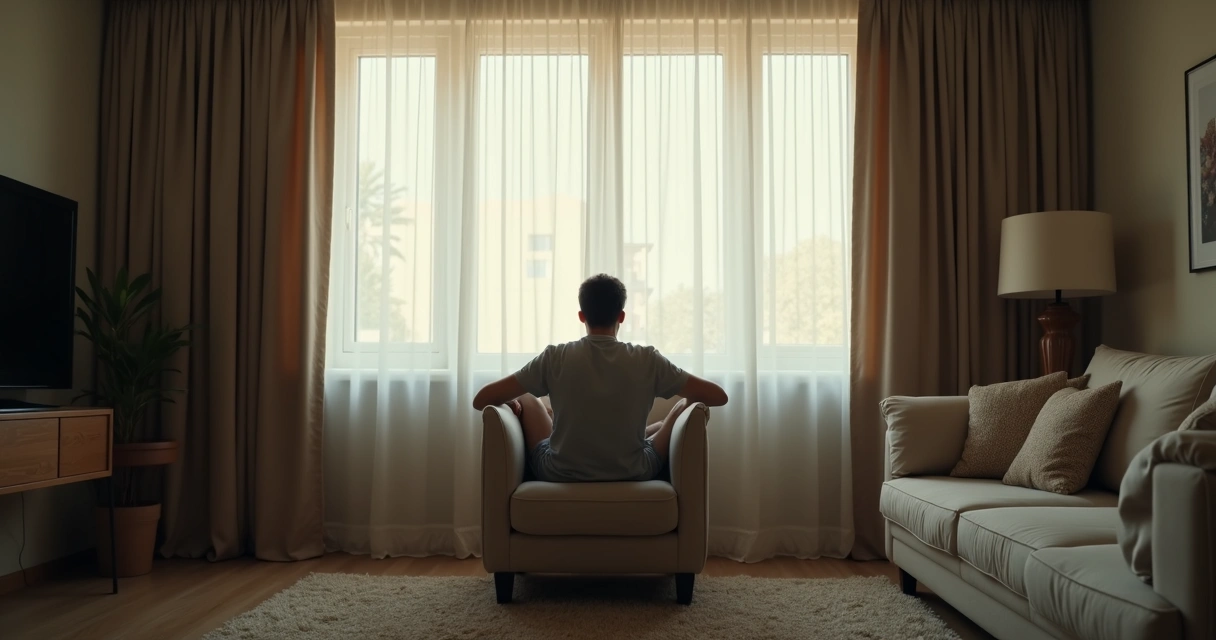 Pessoa sentada só, olhando pela janela silenciosa de uma sala confortável