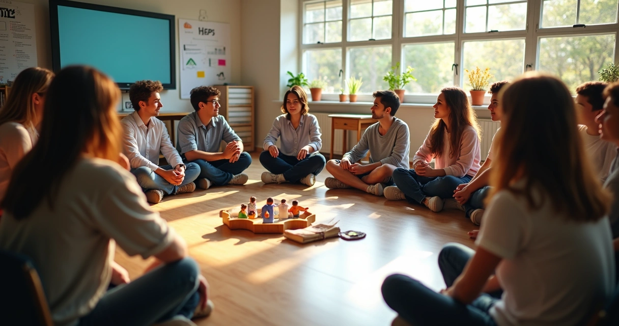 Grupo em círculo participando de uma dinâmica de constelação escolar 