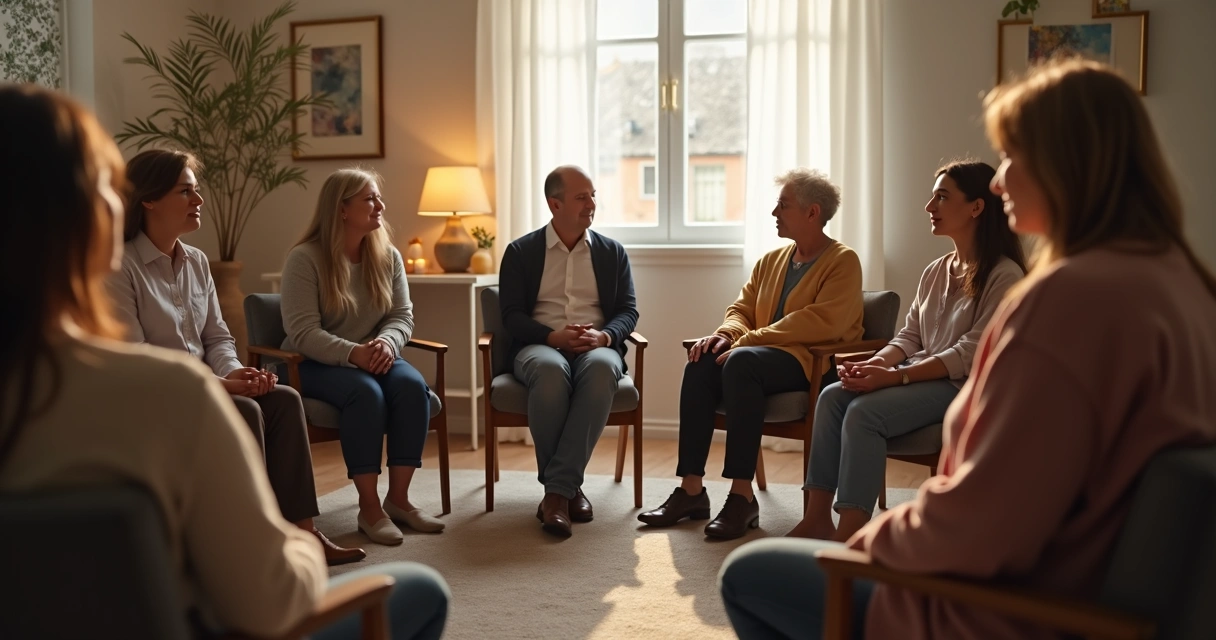 Grupo de pessoas reunidas em círculo em uma sala de terapia, simulando uma constelação familiar. 