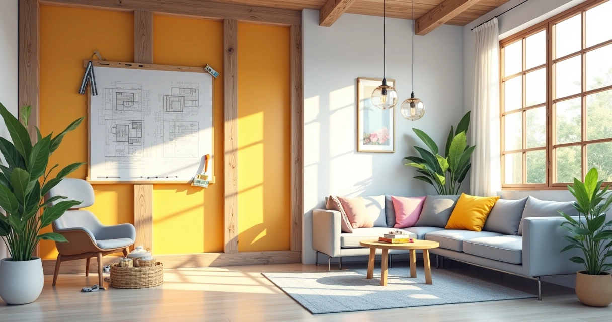 Ilustração de sala de estar moderna em construção à esquerda e decorada à direita, representando um imóvel na planta.