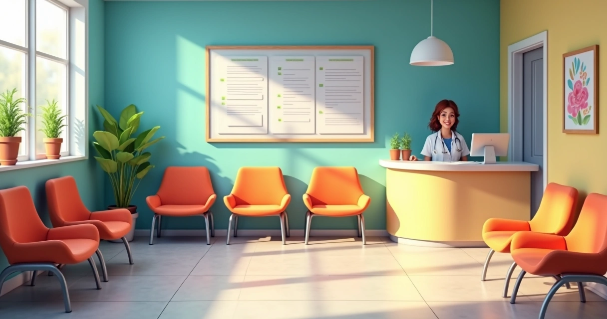 Ambiente de consultório médico colorido e acolhedor com cadeiras vazias e alguns pacientes aguardando na recepção