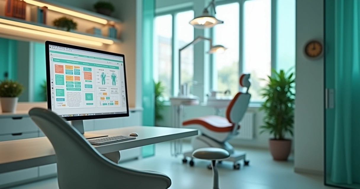 Consultório odontológico moderno com computador e prontuário digital 