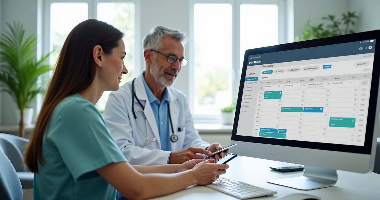 Consultório médico moderno com computador e agenda digital aberta 