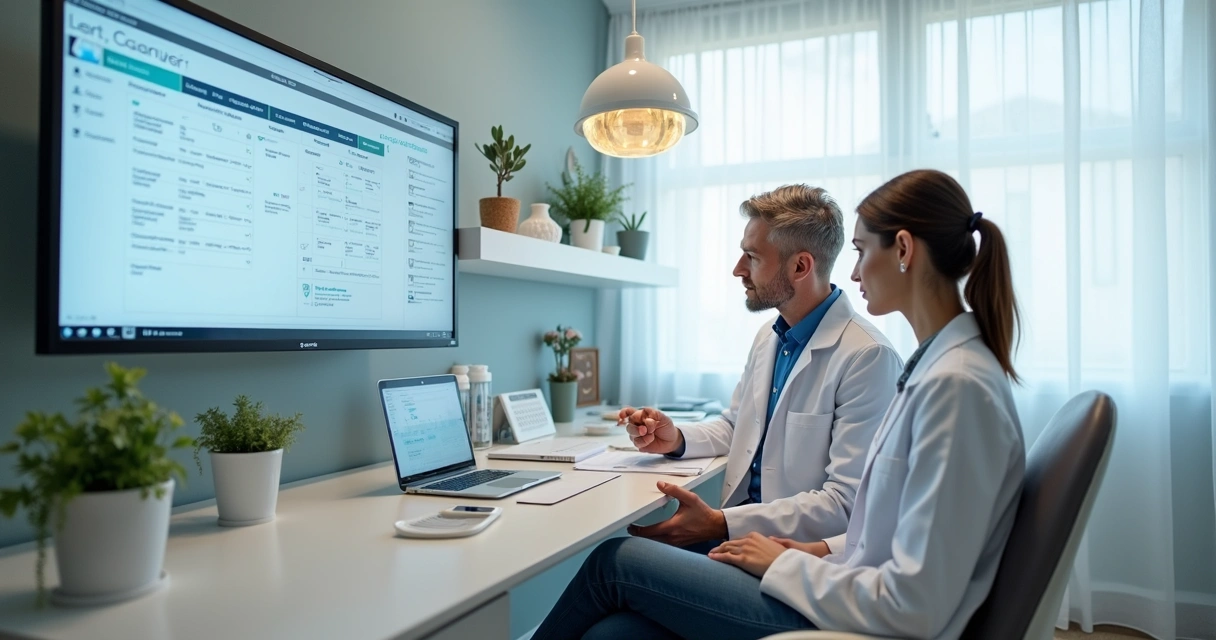 Consultório odontológico digital moderno, com telas exibindo gráficos e dados em segundo plano 