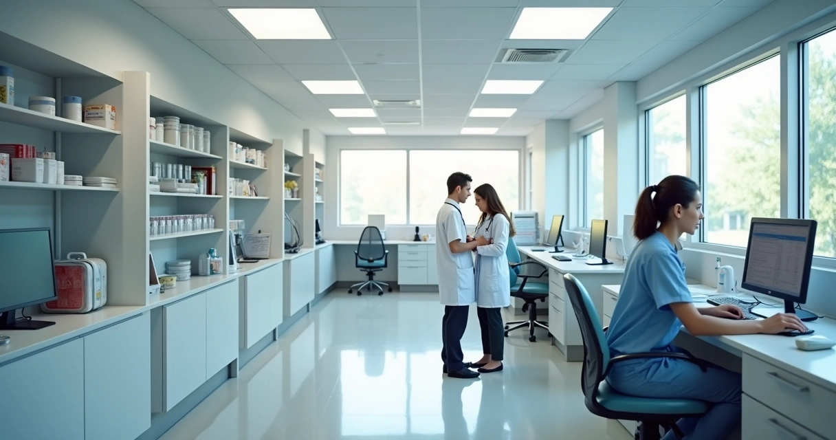 Consultório moderno com computadores e equipamentos digitais 