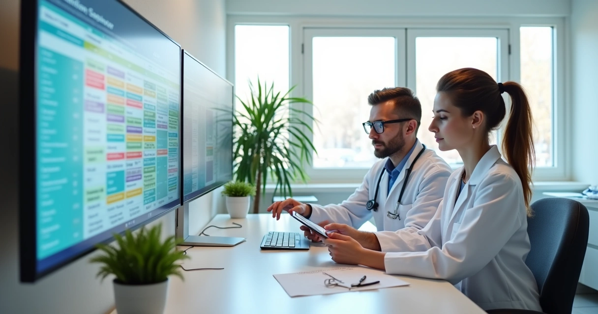 Consultório odontológico moderno, com computador exibindo agenda digital, ambiente iluminado e profissional trabalhando 