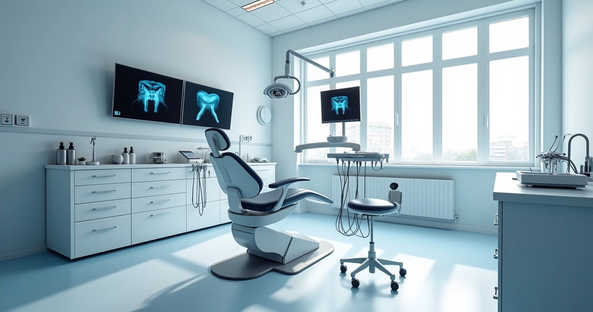 Consultório odontológico com equipamentos modernos num ambiente claro
