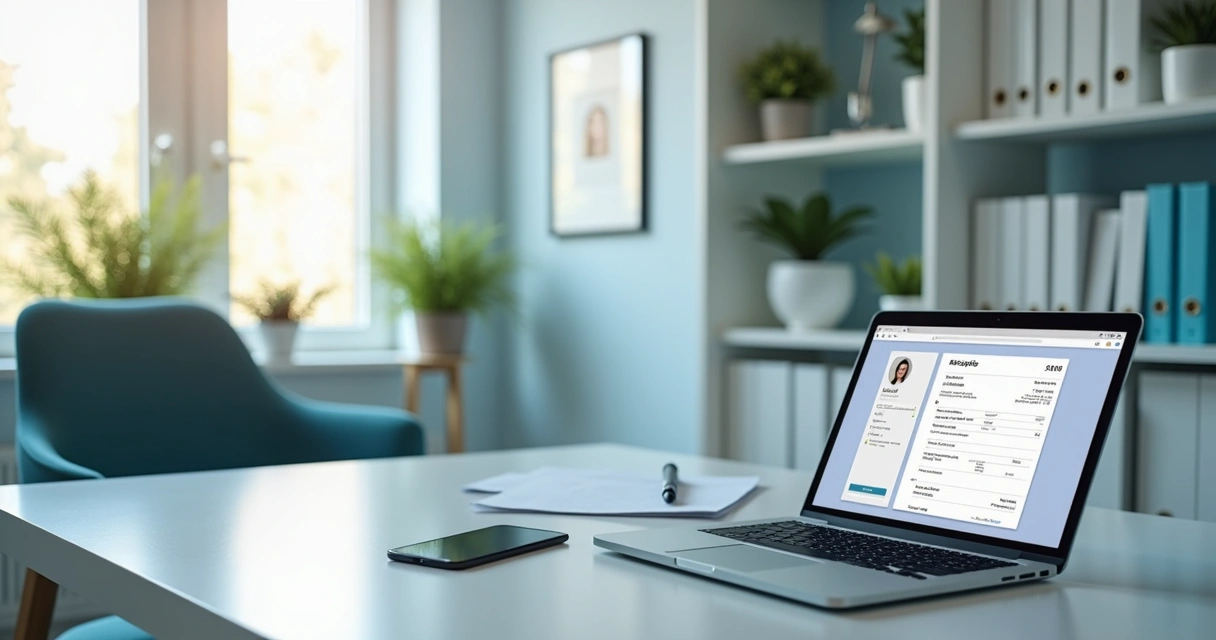 Consultório de psicólogo com mesa de trabalho e computador 