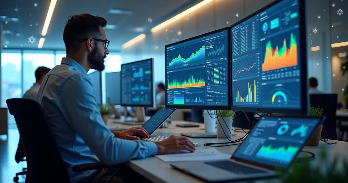 Profissionais de contabilidade usando computadores com dashboards inteligentes 