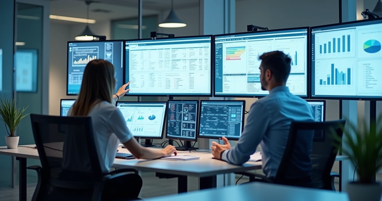 Sala moderna com telas de sistemas contábeis, gráficos e documentos digitais 