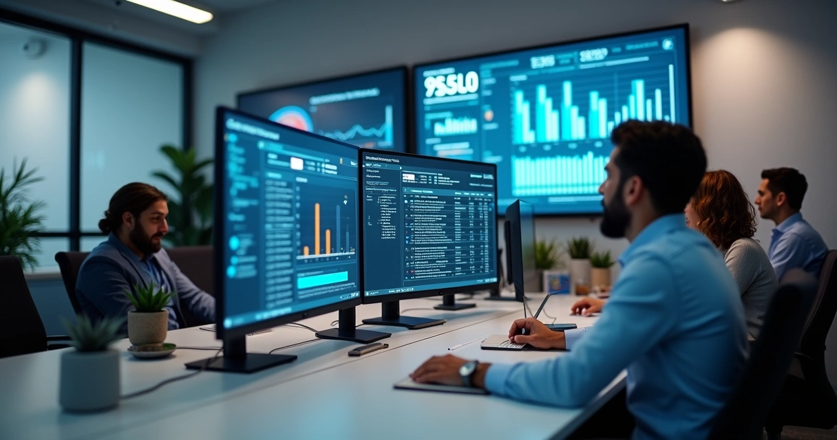 Equipe financeira analisando boletos eletrônicos em painéis digitais 