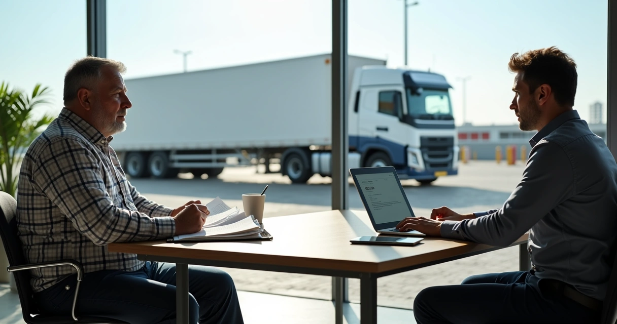 Recrutador e motorista carreteiro em sala de entrevista com caminhão visto pela janela 
