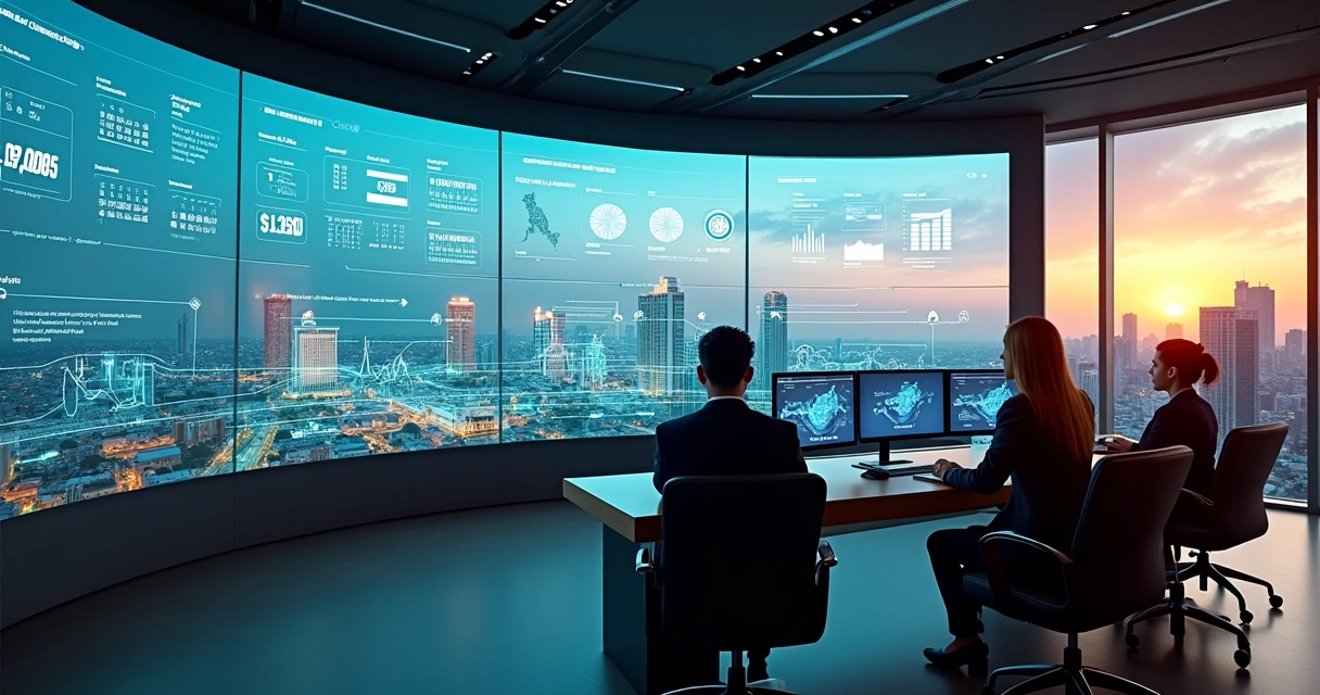 Sala de controle moderna com painéis digitais gerenciando aluguéis de imóveis 