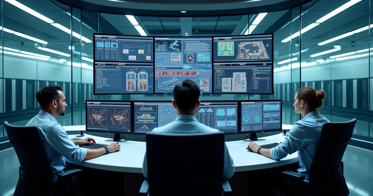 Sala de controle monitorando manutenção de ambiente crítico com painéis e técnicos 