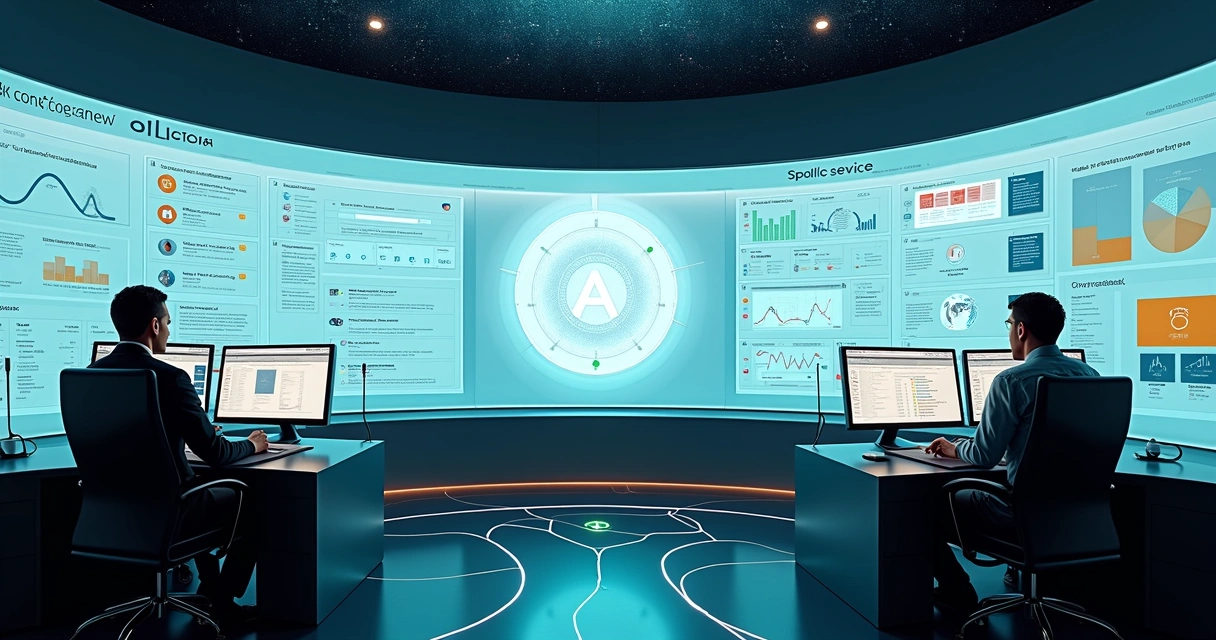 Sala de controle futurista com painel omnichannel de atendimentos 