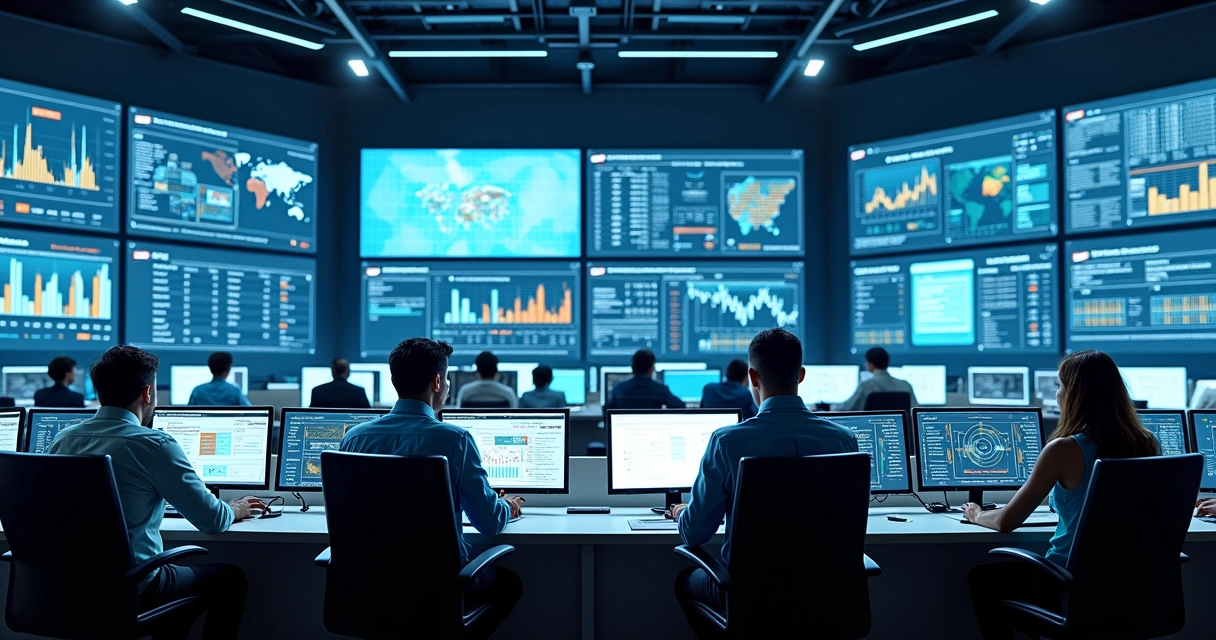 Sala de controle com telas de computadores mostrando dashboards de compliance e alertas. 