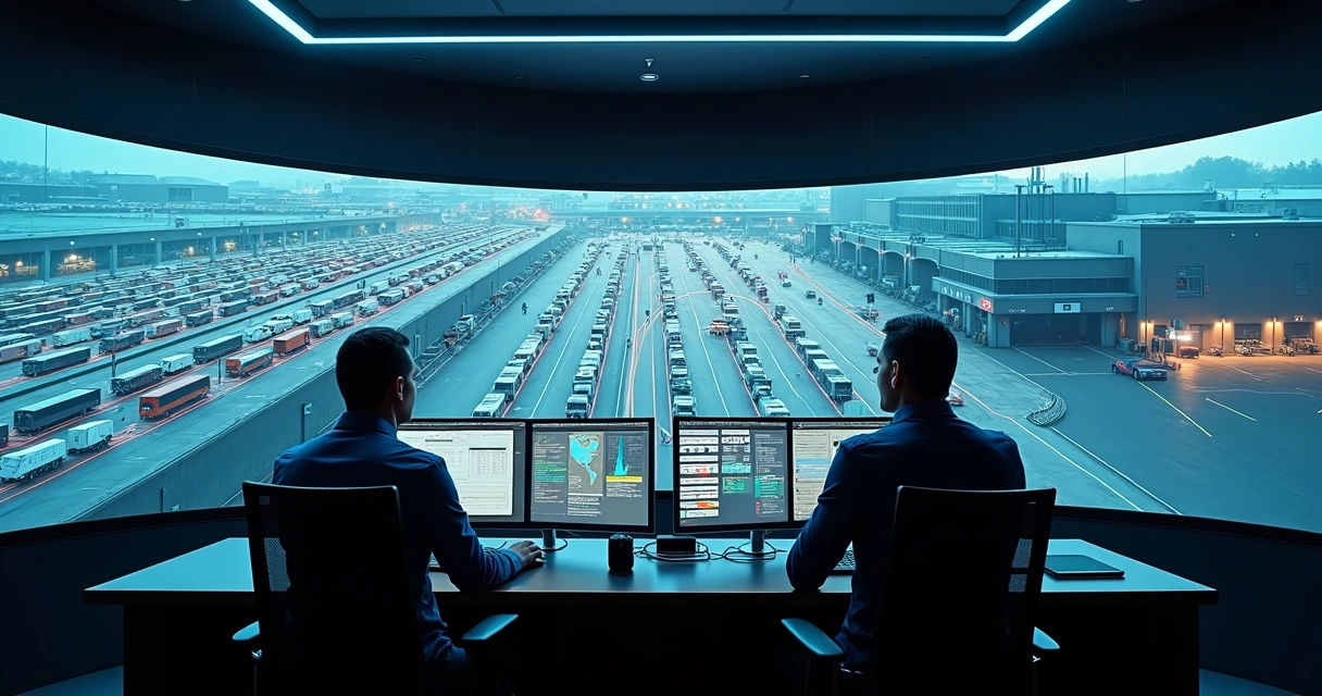 Centro de controle digital gerenciando pátio de veículos em telas gigantes 