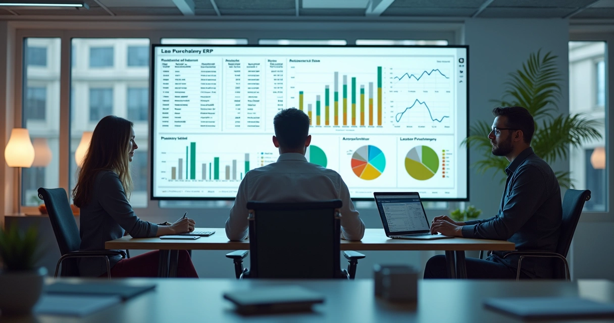 Equipe analisando tela de ERP em um escritório moderno 