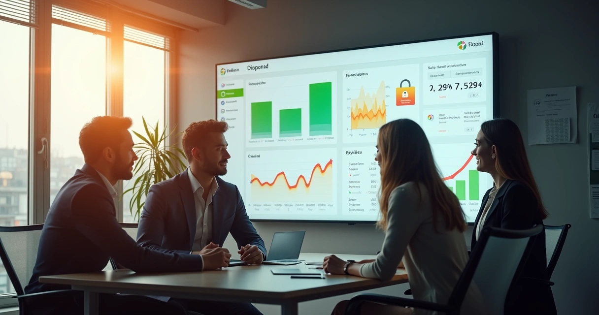 Grupo em sala de reuniões observando um painel digital de gestão financeira 