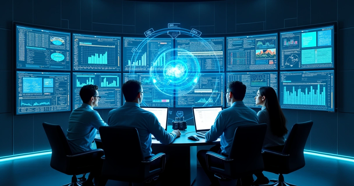 Equipe analisando dados fiscais em telas grandes 