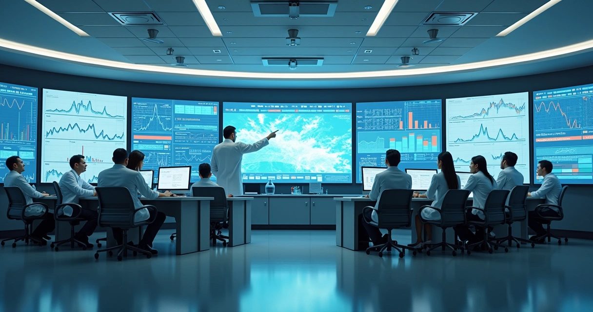Equipe de monitoramento em sala de controle hospitalar analisando dados em telas 