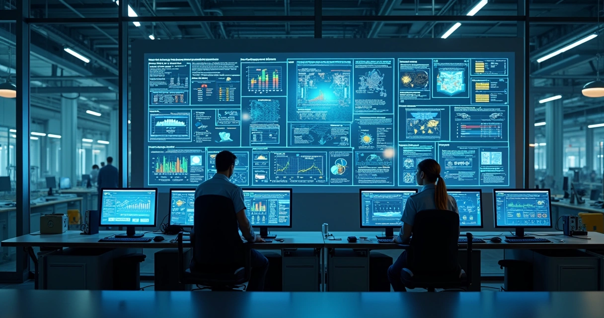 Sala de controle moderna com painéis digitais e operadores monitorando dados em tempo real. 