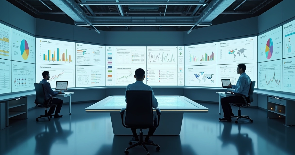 Sala de controle com painéis digitais e operadores observando telas de produção 