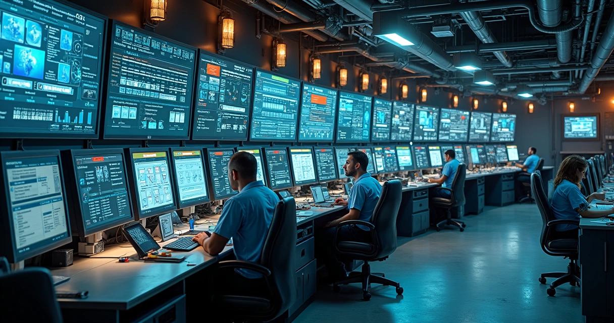 Sala de controle industrial com monitores e painéis de instrumentos 