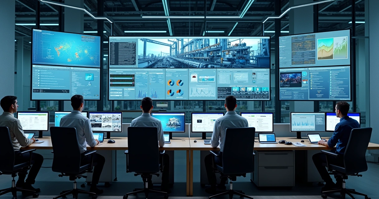 Sala de controle industrial moderna com diversos monitores exibindo dashboards de produção e equipe monitorando os dados 