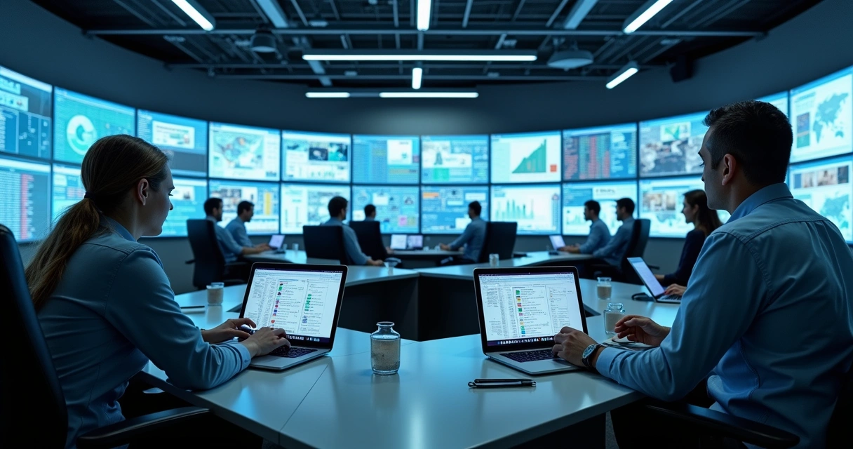 Sala de controle industrial com telas mostrando indicadores técnicos e bancos de dados digitais 